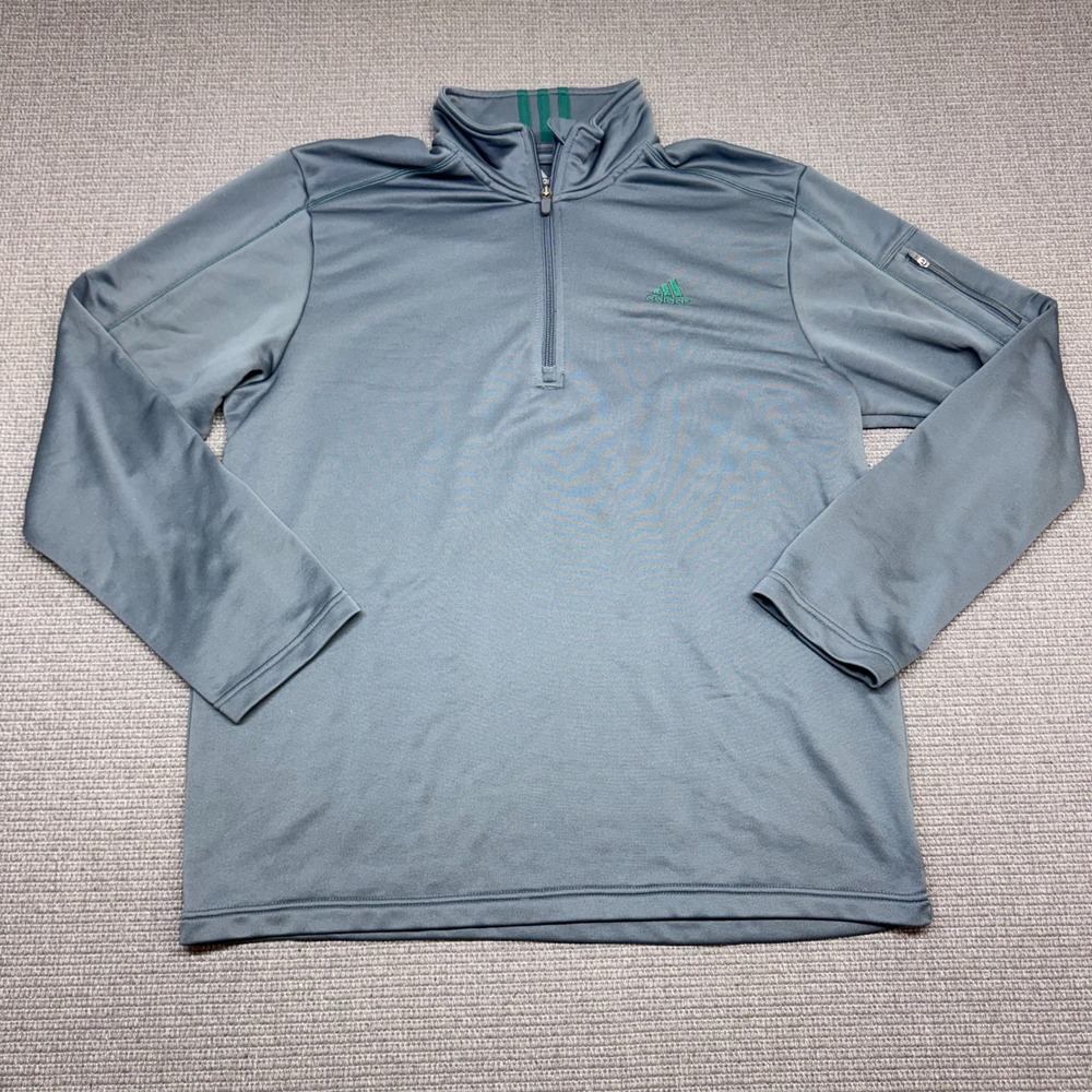 Adidas Mens XL Quarter Zip Pullover Blue Gray Green Stripe Sleeve Pocket RN88387